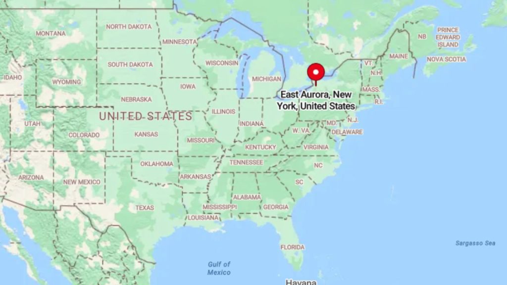 Map pinpointing East Aurora in western New York.