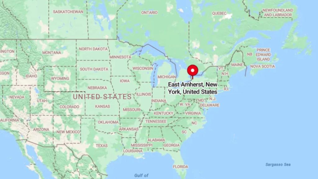 Map showing East Amherst, New York, near the Great Lakes.