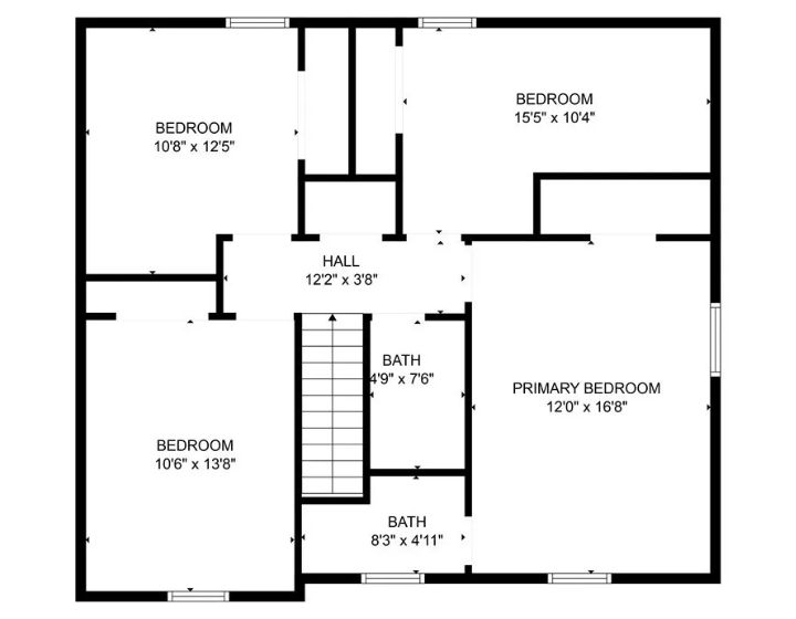 Upper-level floor plan with four bedrooms and two bathrooms branching from a central hall.