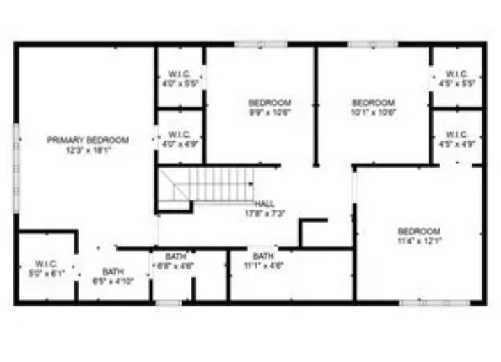 Upper floor plan with five bedrooms, walk-in closets, and three bathrooms.