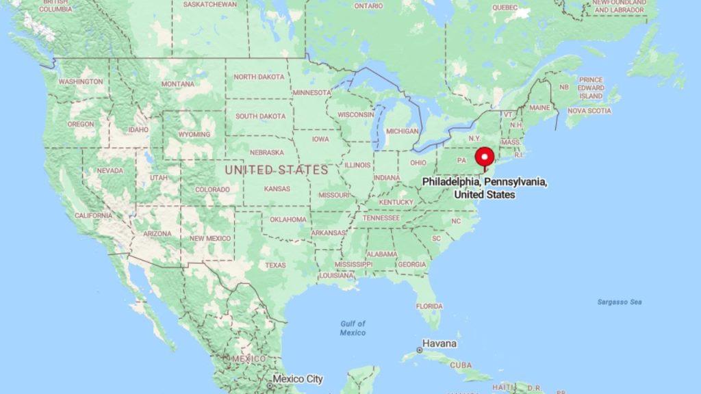 Map showing Philadelphia, Pennsylvania marked in the northeastern United States.