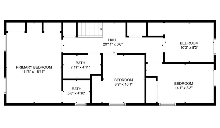 Upper floor with four bedrooms and two bathrooms along a central hallway.