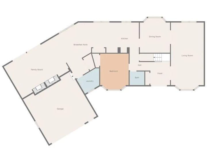 A cozy main floor plan featuring a family room, kitchen, bedroom, bathroom, and garage.