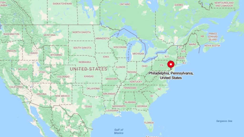 Map showing Philadelphia, Pennsylvania marked in the eastern United States.