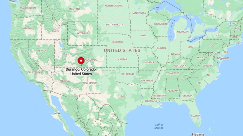 Map showing Durango, Colorado in the southwestern United States.