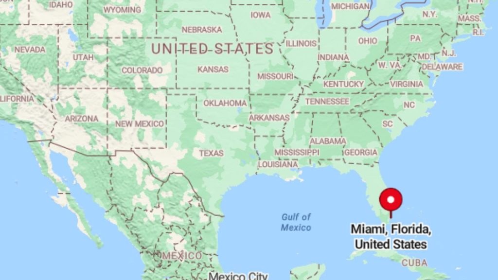 Map showing Miami, Florida marked on the southeastern coast of the U.S.
