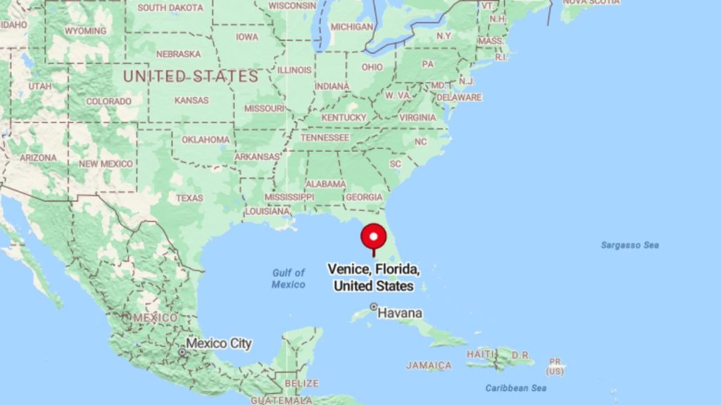 Map showing Venice, Florida near the Gulf Coast of the United States.