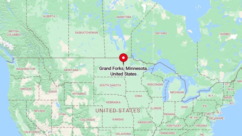 Map showing Grand Forks near the Canada–US border.
