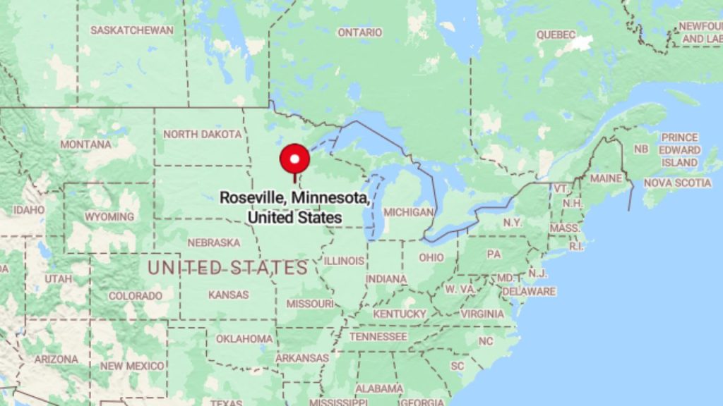 Map pinpointing Roseville, Minnesota in the upper Midwest United States.