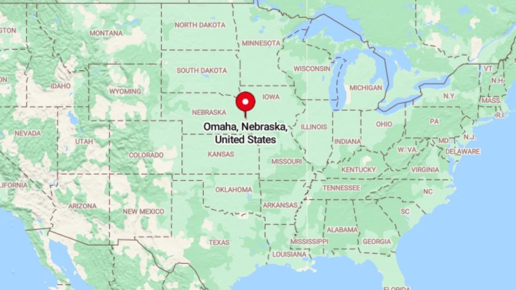 Map showing Omaha, Nebraska, in the central United States.