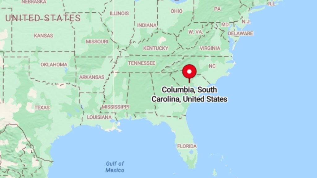 Map showing Columbia, South Carolina with a red location pin.