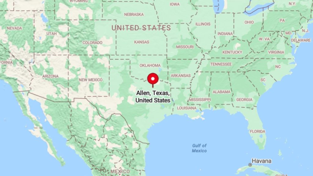 Map showing the location of Allen, Texas in the southern United States.