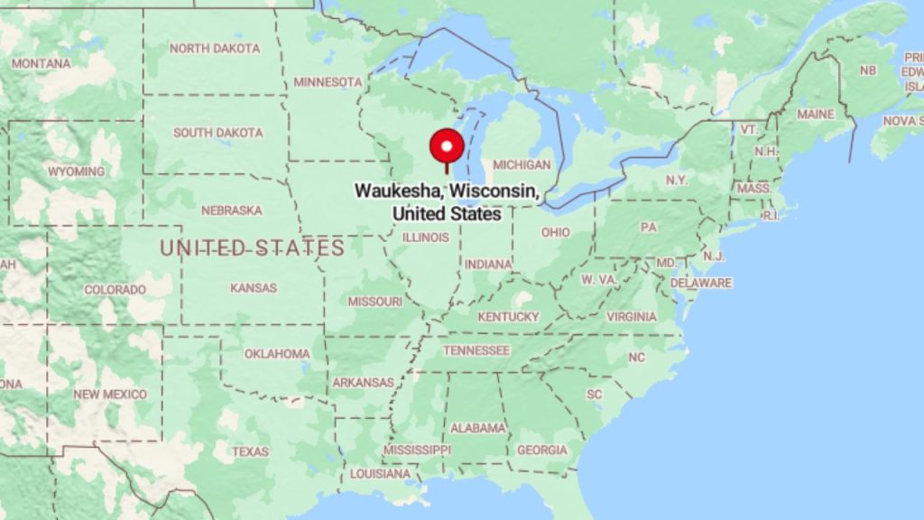 Map showing Waukesha in southeastern Wisconsin, USA.