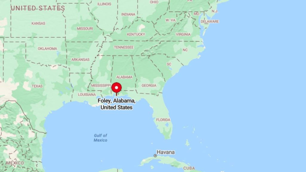 Map showing Foley, Alabama near the Gulf Coast.