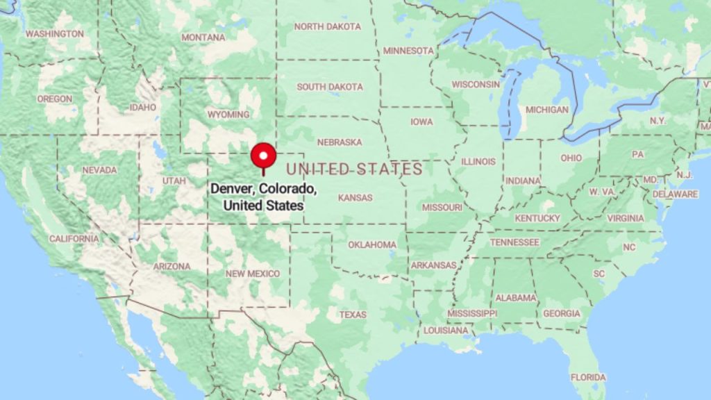 Map showing Denver, Colorado’s location in the United States.