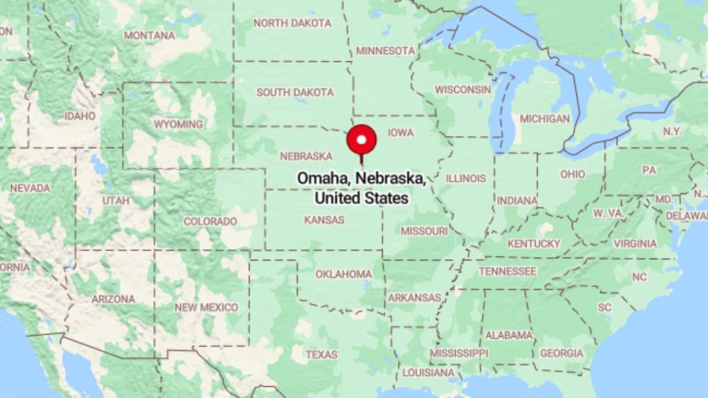 Map highlighting Omaha, Nebraska in the central U.S.