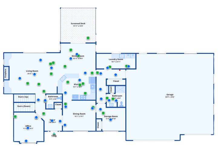 Main floor plan with open kitchen, living area, office, and screened deck.