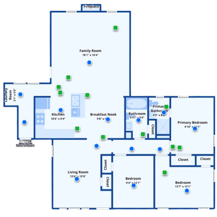 Floor plan showing open living areas, kitchen, family room, and three bedrooms with bathrooms and closets.