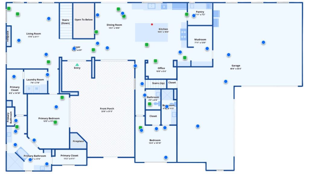 A detailed floor plan showcasing a spacious home with a kitchen, living room, primary bedroom, additional bedroom, office, and garage, all labeled with room dimensions.