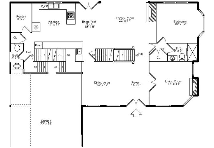 A detailed floor plan showcasing an open kitchen with a breakfast nook, pantry, and adjacent family room.