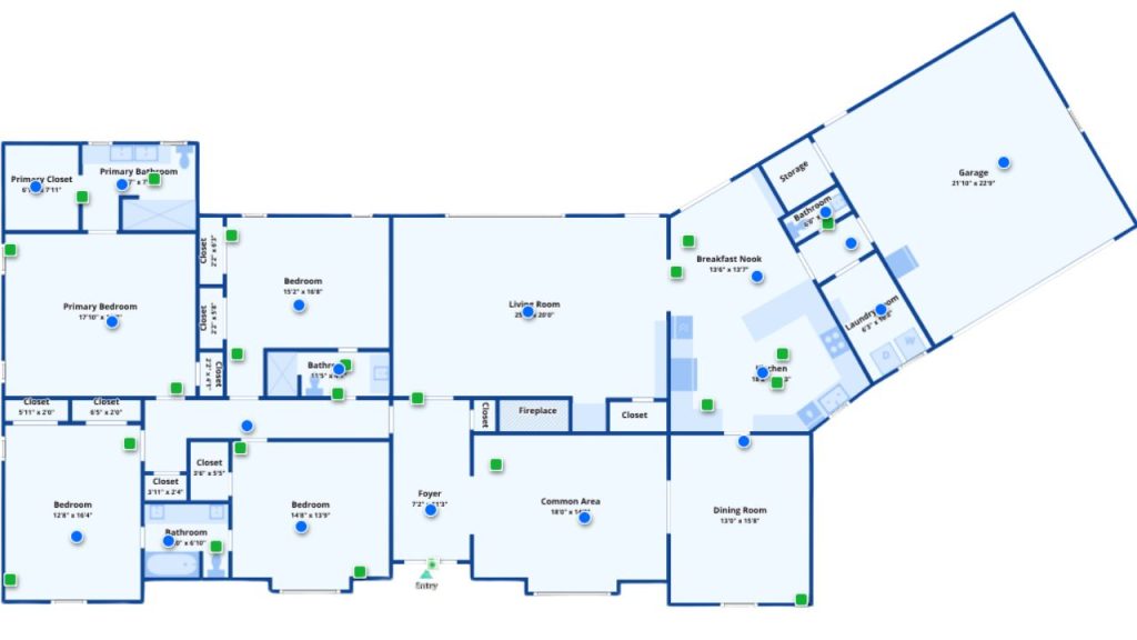 A well-planned floor plan of a ranch-style home with a large living area, kitchen, dining space, three bedrooms, and a big garage.