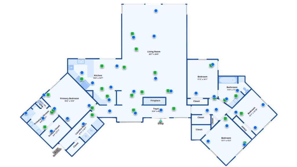 Open layout floor plan with four bedrooms and a large central living space.