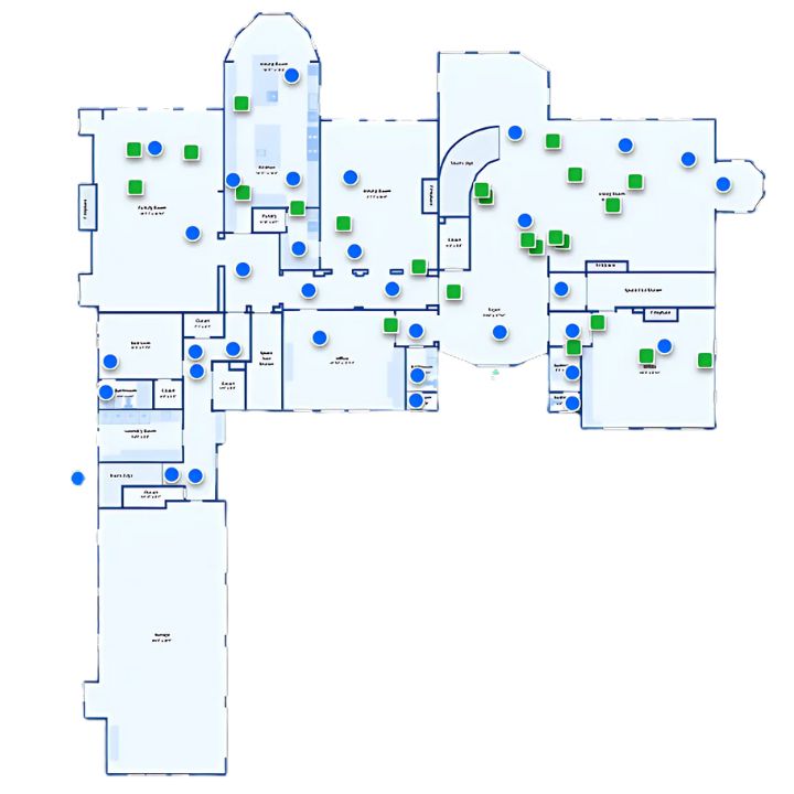 Expansive estate floor plan with formal rooms, private suites, and spacious living areas.