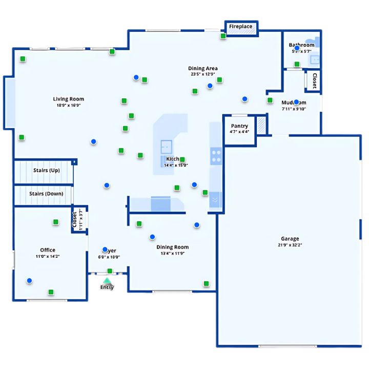 Open-concept floor plan featuring central kitchen, spacious living and dining areas, plus office and mudroom.