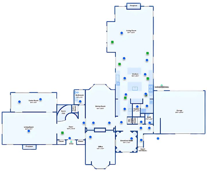First floor layout with open living areas, kitchen, office, and game room.