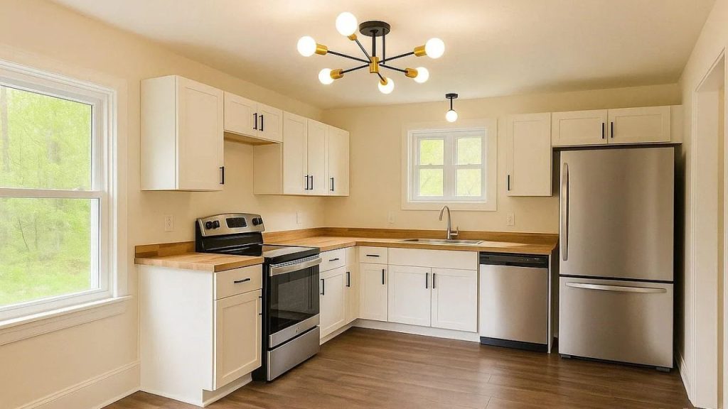 Bright kitchen with wood counters and modern lighting.