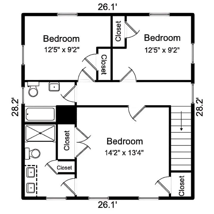 Three-bedroom upper floor plan with a central hall and shared bathroom.