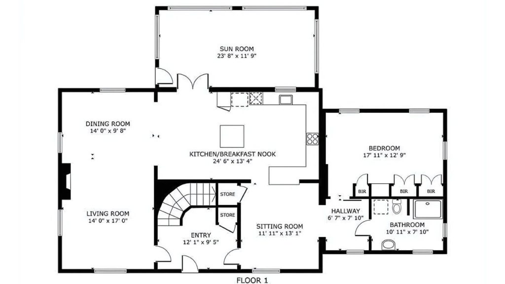 Spacious floor plan with central kitchen, sunroom, open living areas, and a private bedroom suite.