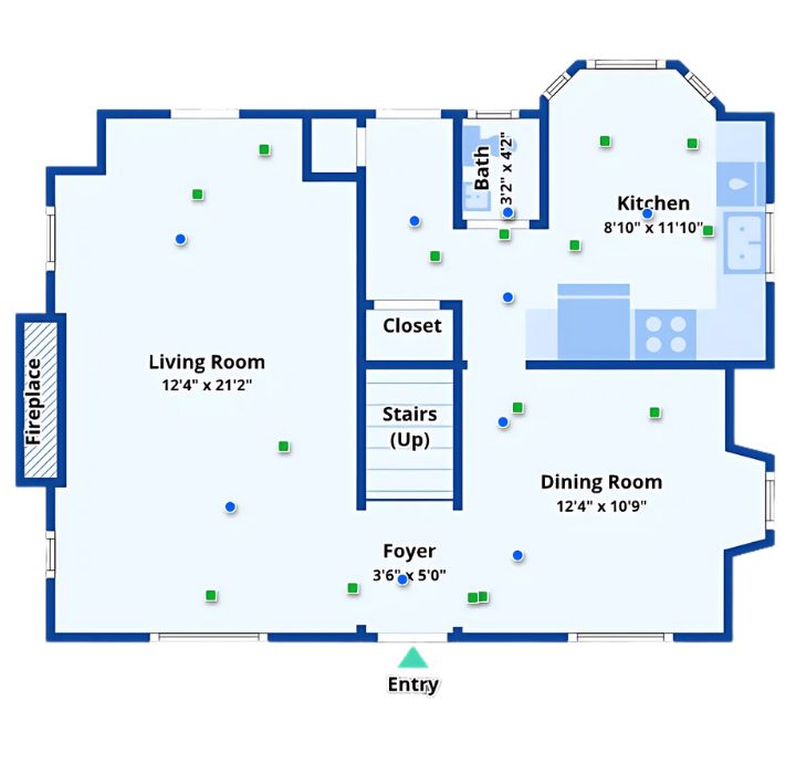 Main floor layout with fireplace, bay window, and open flow between kitchen, dining, and living areas.