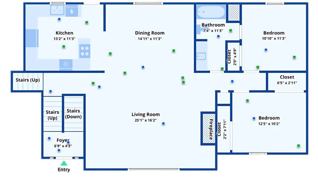 Open floor plan with large central living space, connected kitchen, and private bedrooms on one side.






