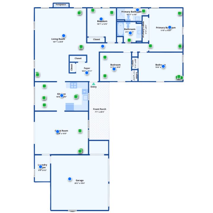 Single-level home layout with four bedrooms, large kitchen, living room with fireplace, and garage.