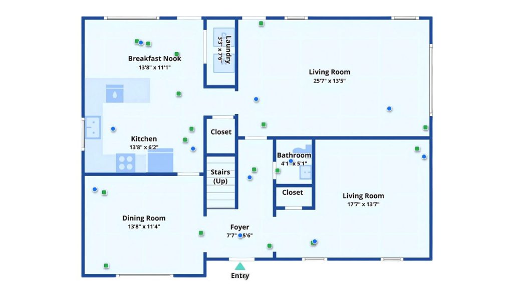 Open-concept floor plan with dual living rooms, kitchen, dining area, and central staircase.