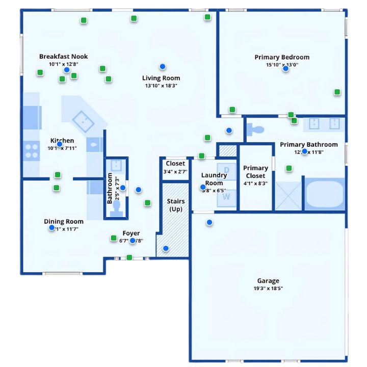 Floor plan showing open living areas, bedroom wing, and attached garage.