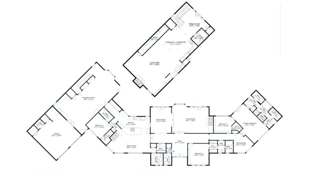 Multi-wing floor plan with separate guest suite and large recreation area.