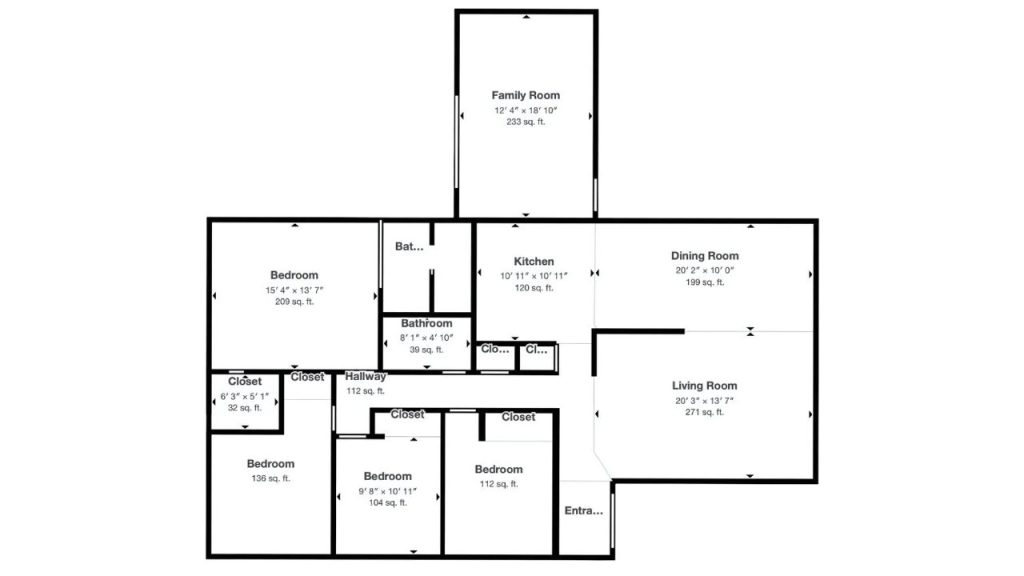 Floor plan with spacious living, dining, and family rooms plus four bedrooms and two baths.