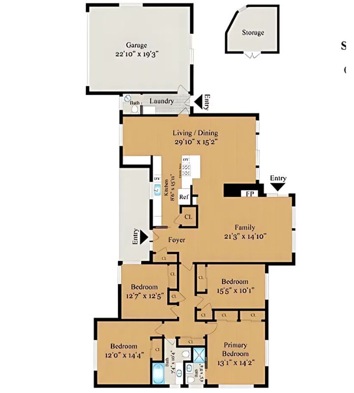 Floor plan with central living space, four bedrooms, family room, and detached garage and storage.