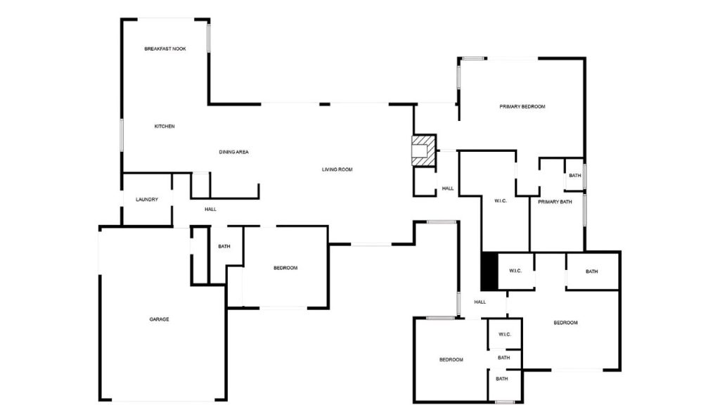 Spacious floor plan with open living areas and four bedrooms, each with bath access.