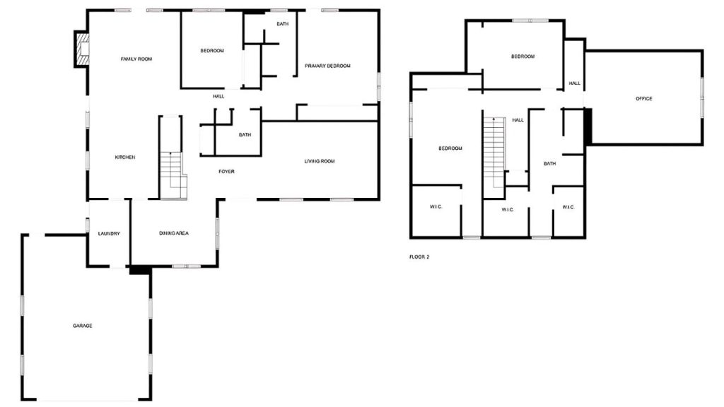 Two-story home floor plan with bedrooms on both levels and central gathering areas.