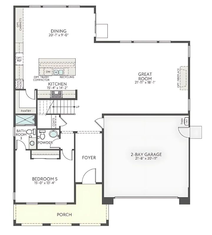 Open-concept floor plan with kitchen, great room, and guest bedroom on the main level.