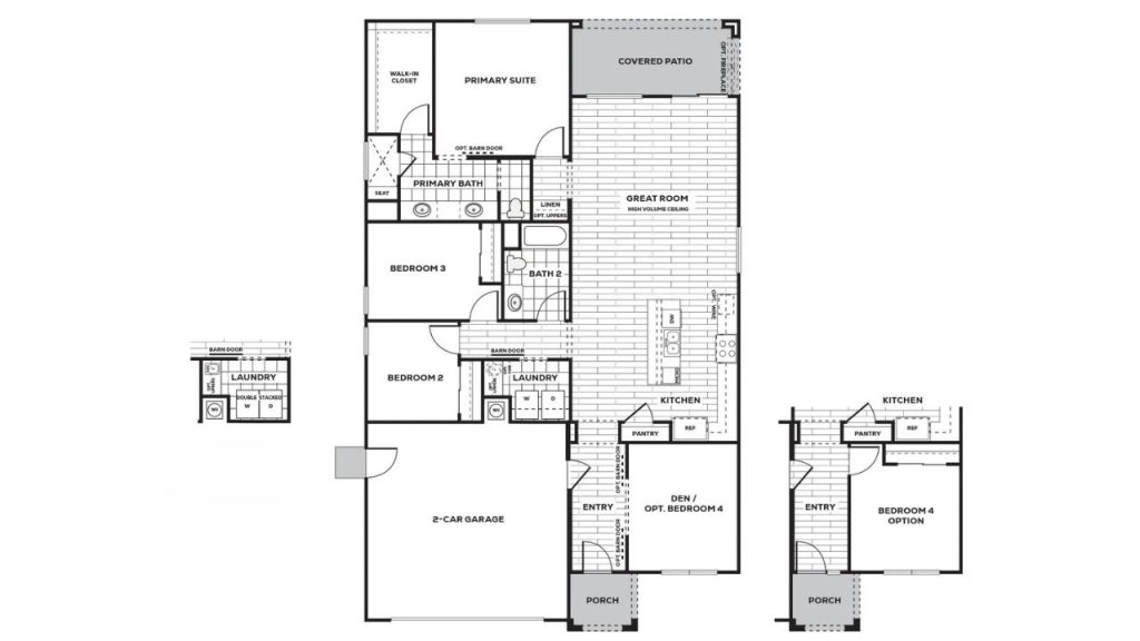 A floor plan of a single-story home featuring a great room, kitchen, three bedrooms, an optional fourth bedroom, a covered patio, and a two-car garage.