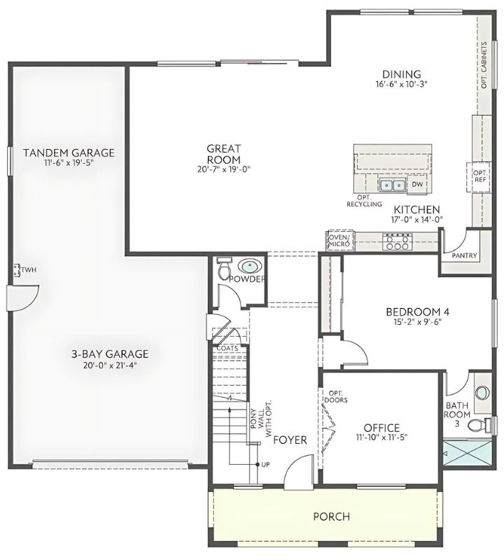 Ground floor plan with open great room, kitchen, office, bedroom, and large garage spaces.