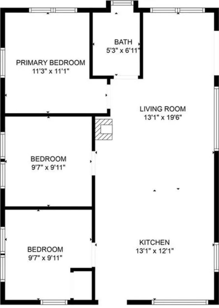 Black-and-white floor plan showing a three-bedroom home with an open living area.
