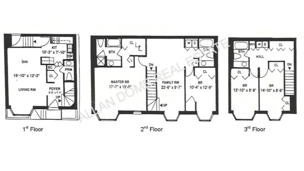 Three-floor house layout with a living area and kitchen on the first floor, bedrooms and family room on the second, and two more bedrooms with bath and laundry on the third.