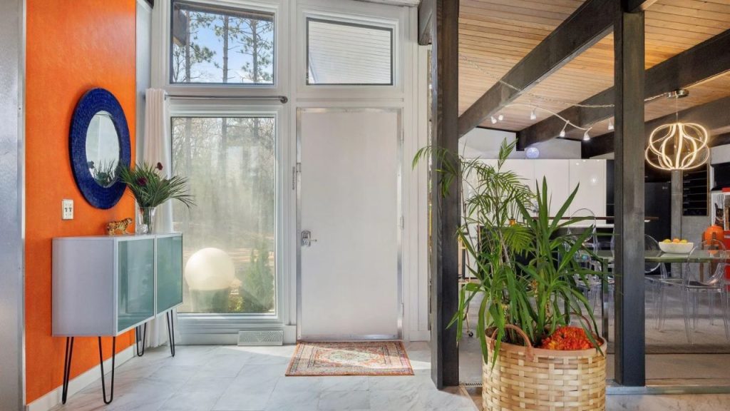 Colorful entryway with orange wall, white door, plants, and modern decor.