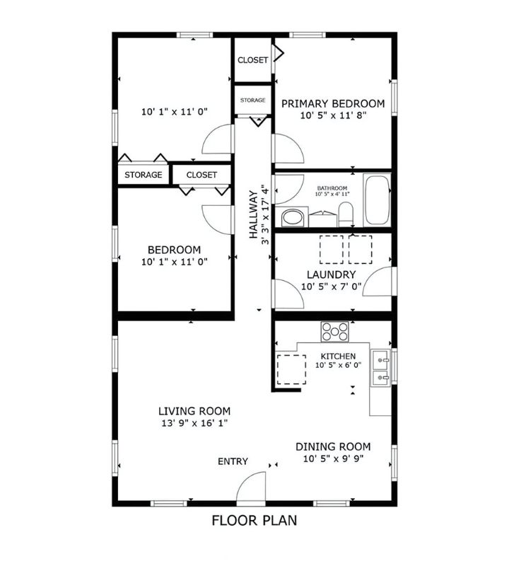 Two-bedroom floor plan with open living spaces and smart storage.