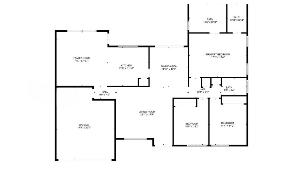 Open floor plan showing family room, kitchen, dining area, bedrooms, and garage.